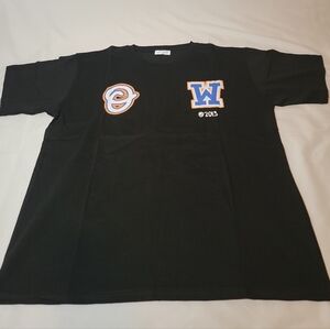 Off-White Black Tee with Vibrant Orange and Blue Accents